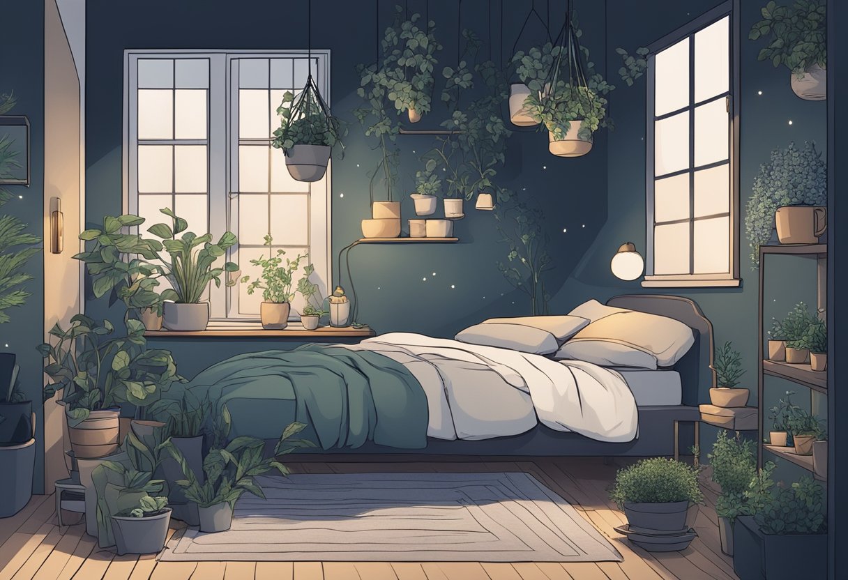 Quarto sereno com iluminação suave e elementos relaxantes para combater a ansiedade noturna