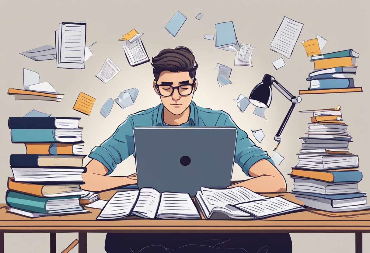 Pessoa sentada em uma mesa rodeada de papéis e livros com uma expressão ansiosa enquanto estudava