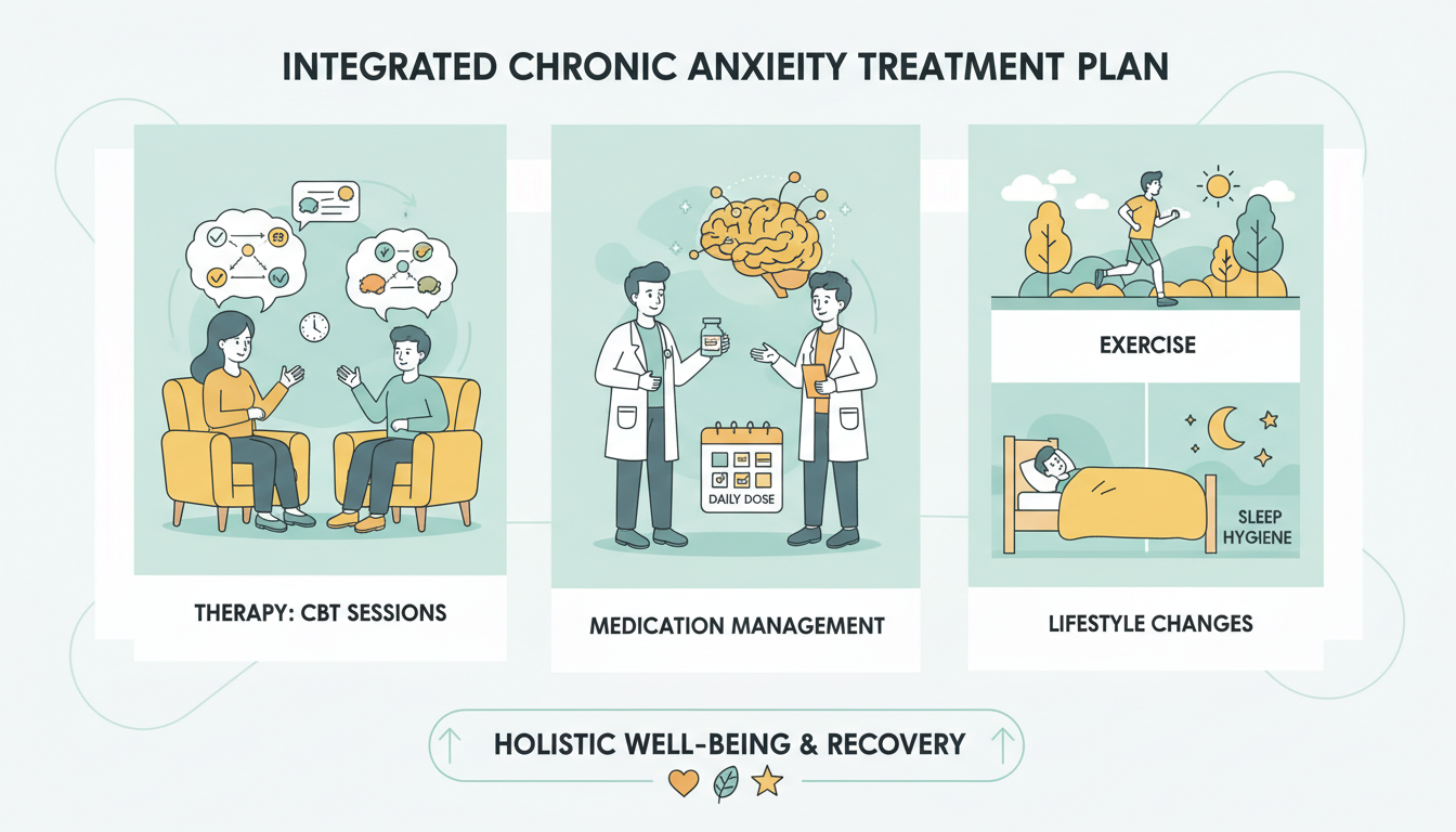 Plano de tratamento crónico ansiedade integrado, incluindo TCC psicoterapia, gerenciamento de medicamentos e mudanças no estilo de vida