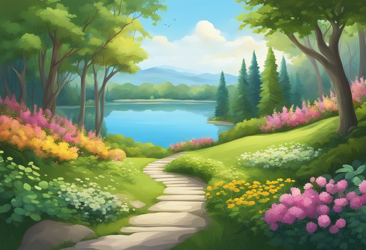 Floresta serena com caminho que leva a um lago tranquilo cercado pela natureza