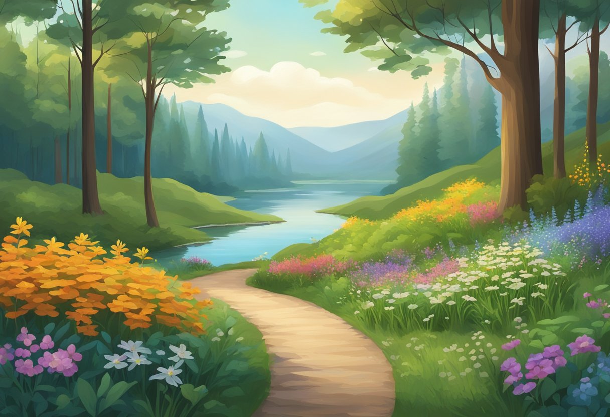 Floresta serena com caminho sinuoso que leva a um lago tranquilo cercado pela natureza