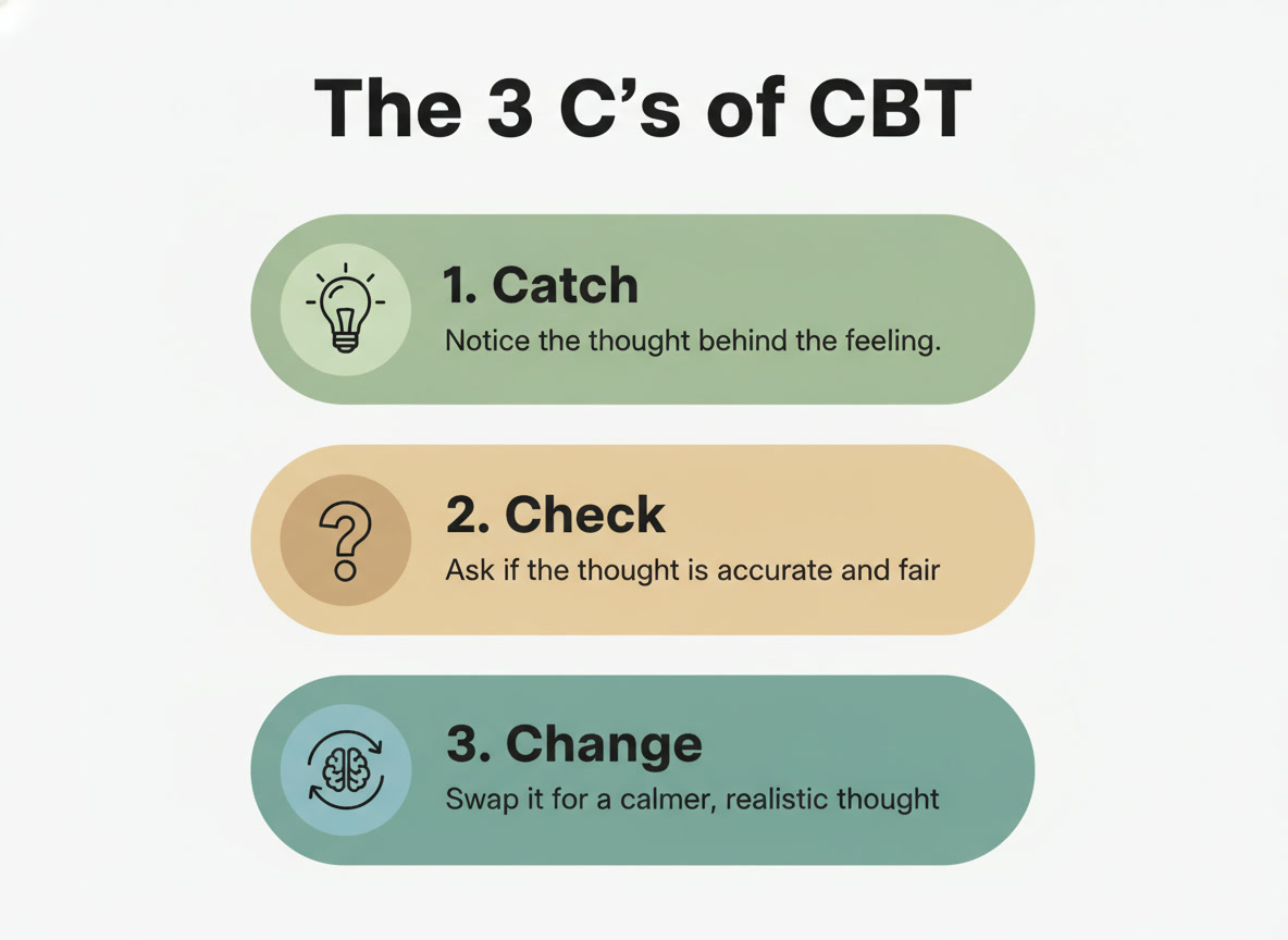 Pôster Cognitivo Comportamental psicoterapia mostrando os 3 Cs de TCC - habilidades de enfrentamento e estratégias de saúde mental