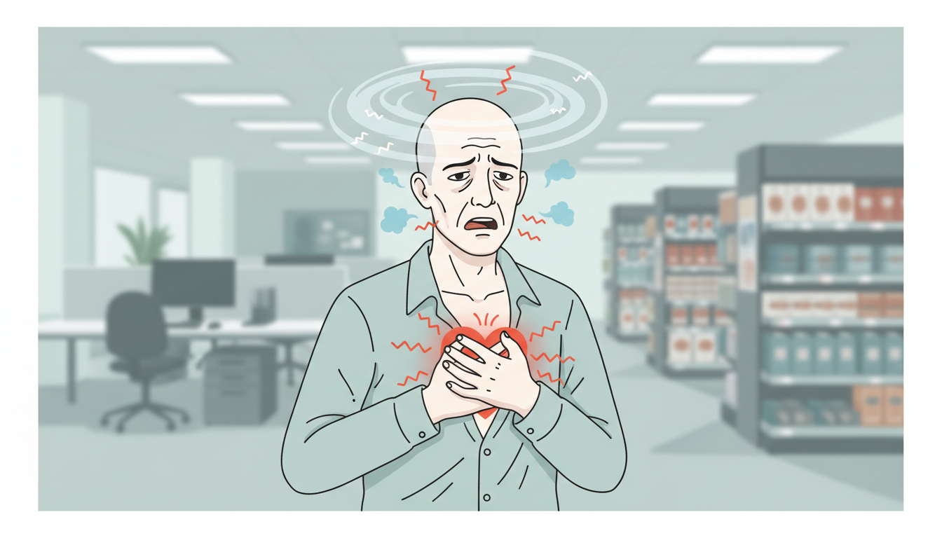 Pessoa experimentando um ataque de pânico em um ambiente cotidiano mostrando dor no peito, tontura e dificuldades respiratórias