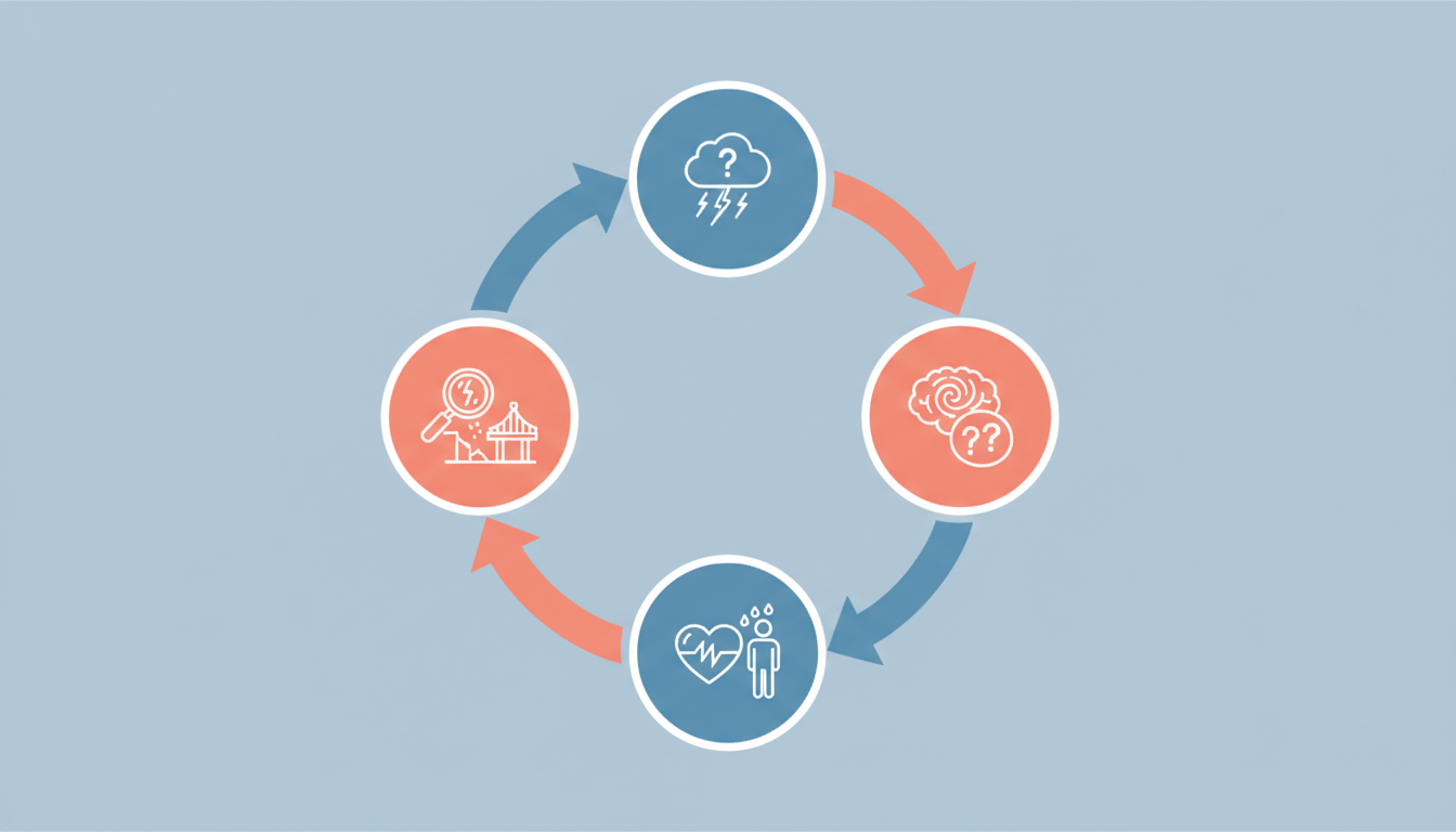 Diagrama circular mostrando o ciclo do pânico, do gatilho aos pensamentos ansiosos, aos sintomas físicos e à interpretação catastrófica