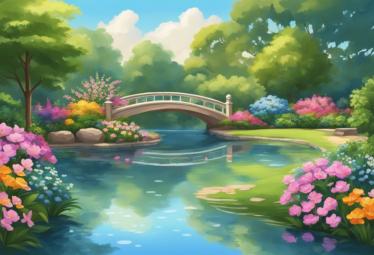 Jardim sereno com lago tranquilo cercado por flores coloridas e vegetação sob o céu azul